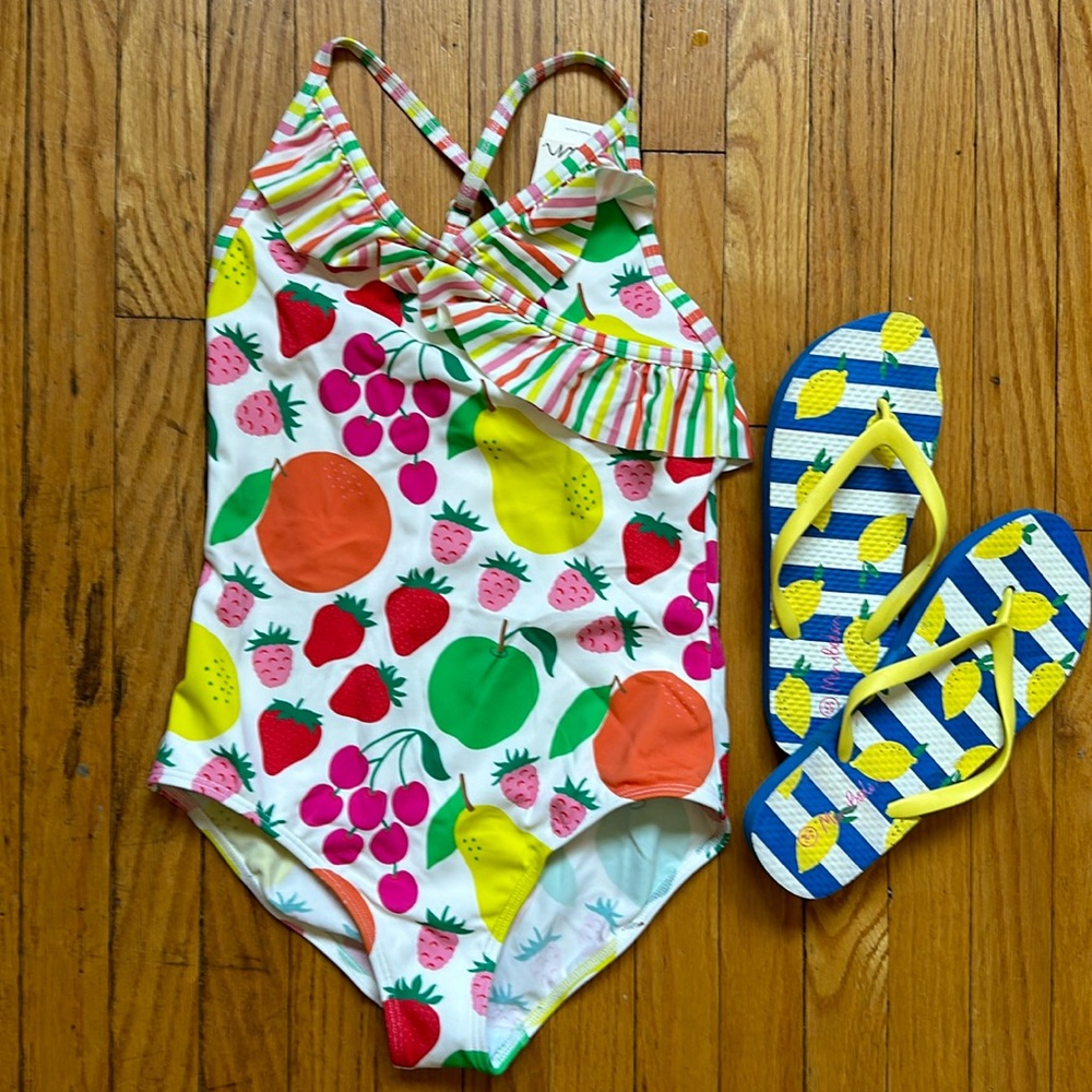 NWT mini Boden bathing suits and gently used matching flip flops